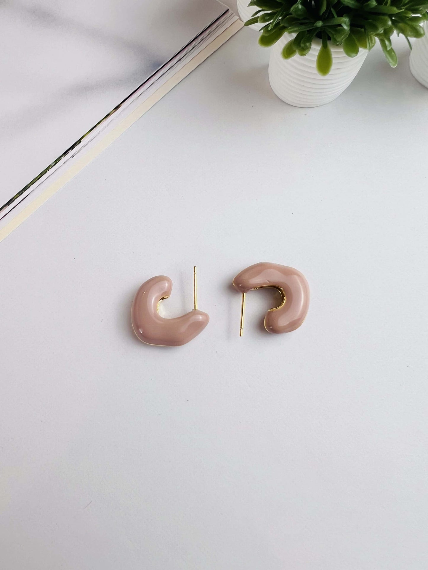 Elokey&Wang Collection Blush Pink Crescent Hoop Earrings , the crescent shape brings a playful yet refined element to your jewelry collection